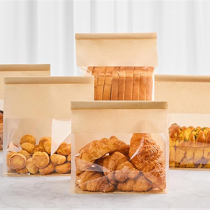 Ocmoiy 100Pcs Large Paper Bread Bags, Resealable Sourdough Bread Bags, Clear Front Tin Tie Tab Lock Bakery Storage Bag with Window Paper Treat Bag (8.7x4.3x11 Inch)