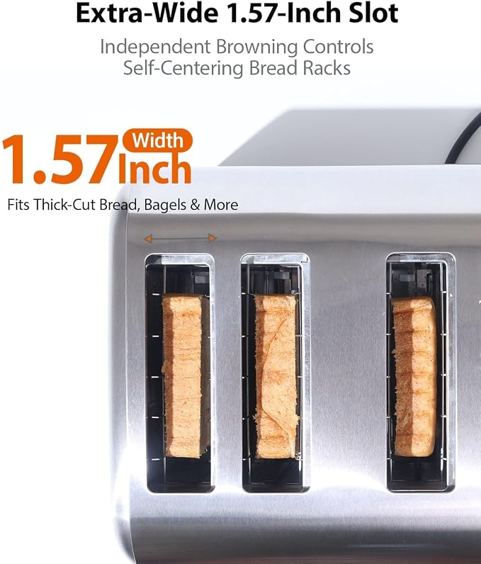 1800W Commercial Grade 4-Slice Pop Up Toaster -Stainless Steel 6-Browning Settings for Bread with Removable Crumb Tray for Bagel Bread English Muffins, Waffles (Commercial & Home Use)