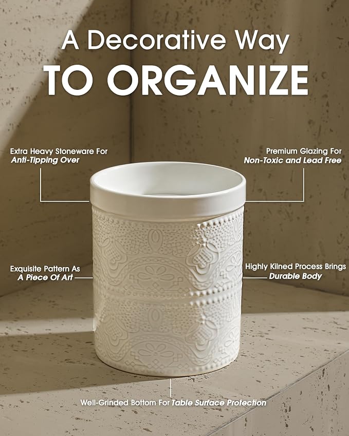 FUN ELEMENTS Kitchen Utensil Holder, 7.2" Super Large Utensil Crock Heavy and Stable Lace Emboss Ceramic Utensil Holder for Kitchen Counter (Bright White)