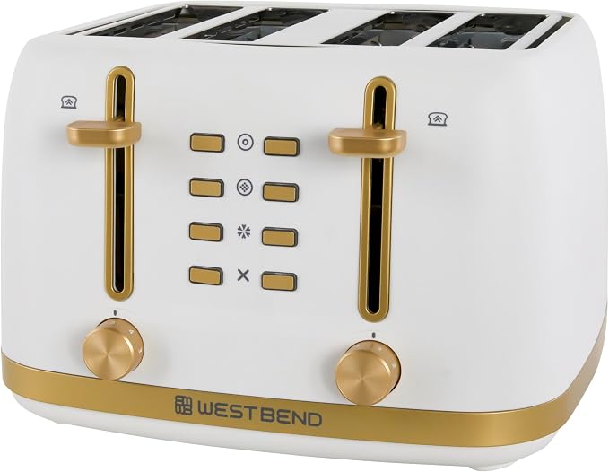 West Bend Timeless 4-Slice Toaster with 7 Browning Levels, Bagel/Waffle/Defrost Settings, High-Lift Lever, Anti-Jam, Easy-Clean Crumb Tray, 4-Slice, White/Gold