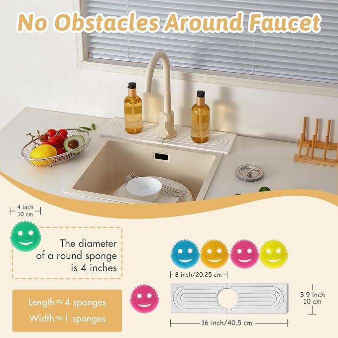 Faucet Mat for Kitchen Sink with Sandpaper, Diatomaceous Earth Faucet Splash Guard, Fast Drying Sink Protector Stone, Water Absorbing Stone Mat for Bathroom Sink Counter, Gift for Mother's Day, White