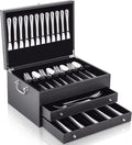DoubleFill 3 Layer Leather Silverware Storage Box with Lid and Handles, Anti Tarnish Silverware Storage Chest Case with Felt-lined for 12-16 or More Sets of Utensils Flatware Gifts, 15.3x11.2x9 Inch