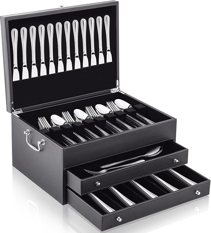 DoubleFill 3 Layer Leather Silverware Storage Box with Lid and Handles, Anti Tarnish Silverware Storage Chest Case with Felt-lined for 12-16 or More Sets of Utensils Flatware Gifts, 15.3x11.2x9 Inch