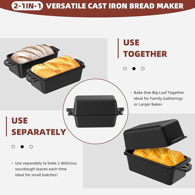 9×5 Inch Cast Iron Loaf Pan with Lid, Even Heat Distribution Bread Baking Pan for Sourdough, Homemade Bread, Cake & Meatloaf, 2 Piece Set