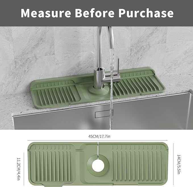 WAFT YEARN 17X5 Inch Silicone Durable Faucet Mat Kitchen Sink Splash Guard Draining Protector Tray Liner Absorbent Protective Counter Accessories For Sink Kitchen Bathroom Laundry Room Bar & RV Green
