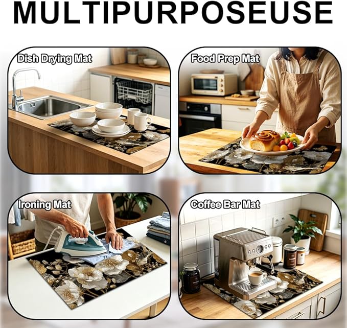 Stove Top Cover for Electric Stove 28.4 x 20.5 Inch Non Slip Stove Mat Oil Proof White Gold Floral Glass Cooktop Protector Kitchen Counter Mat