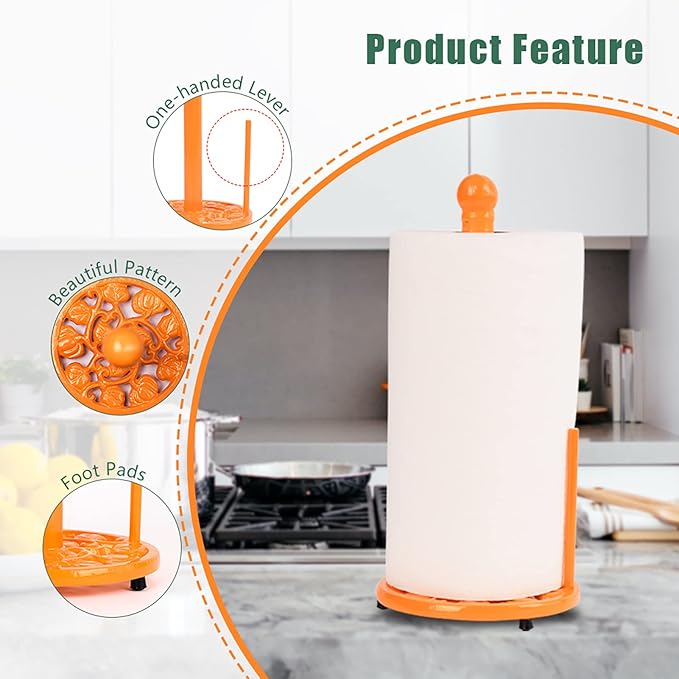Orange Cast Iron Paper Towel Holder for Kitchen Countertop - Vintage Pumpkin Pattern Standing Dispenser with Heavy Weighted Base, Vibrant Farmhouse Decor, Fits Jumbo Rolls, One-Handed Tear