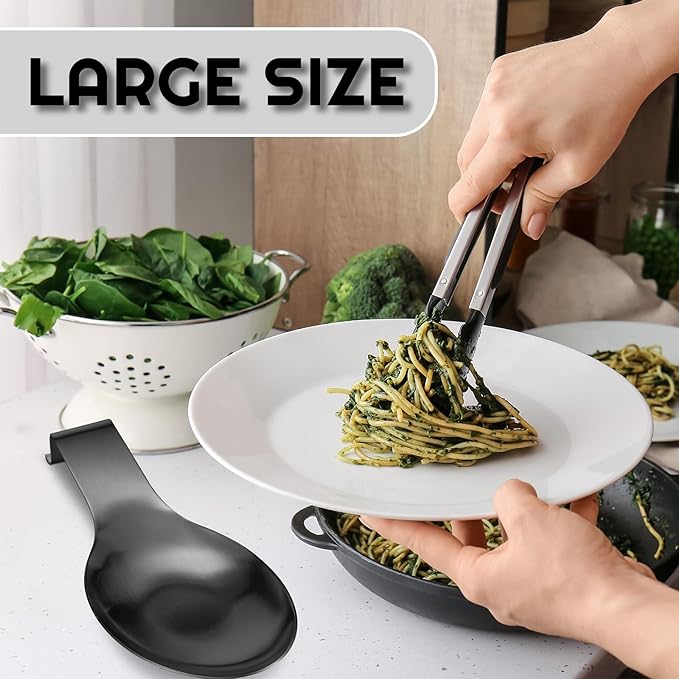 Nuanchu 6 Pcs Stainless Steel Spoon Rest Spatula Ladle Holder Spoon for Stove Top Heavy Duty Spatula Holder for Countertop Dishwasher Safe Utensil Rest for Kitchen, 3.8 x 9.6" (Black)