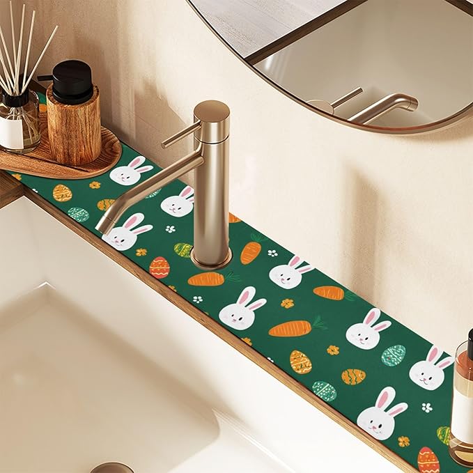 Kitchen Sink Splash Guard 2 PCS 30 Inch Sink Faucet Mat Splash Guard for Bathroom Countertop Water Absorbent Foldable Cuttable Soft Washable Deep Green Easter Rabbit Eggs Carrots