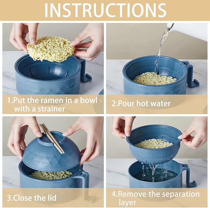 2 Sets Microwave Ramen Bowl 40 oz Wheat Fiber Portable Instant Noodle Cooker Bowl with Handles Strainer Spoon Chopstick Fork College Dorm Room Apartment Essentials(Dark Green,Dark Blue)