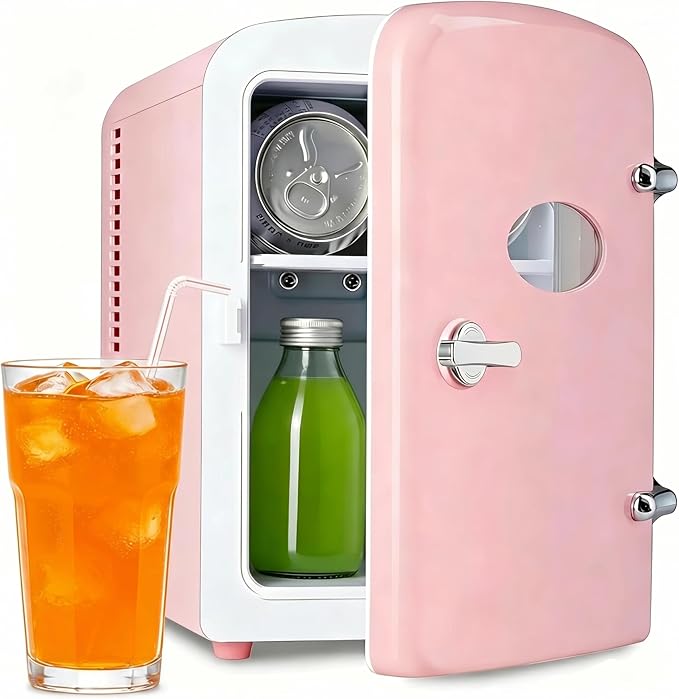 Simple Deluxe 6L/9 Can Mini Fridge with Observation Window, Portable Cooler & Warmer Freon-Free Small Refrigerator, Compact for Skincare, Beverage, Food, Cosmetics, Pink