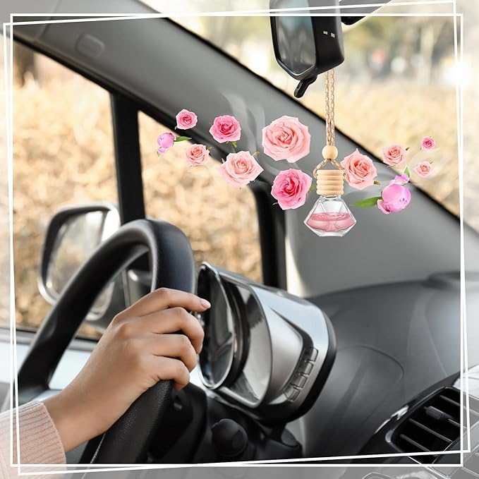 Rtteri 100 Pcs Hanging Car Air Freshener Diffuser Bottles Empty Glass Perfume Diffuser Vials Refillable Oil Aromatherapy Pendant with Wooden Caps and Hanging String for Car Home Office Decor(Diamond)