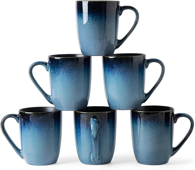 MONITO Large Ceramic Coffee Mugs Set with Handle for Tea/Latte/Cappuccino/Milk/Cocoa, Ice-Snow Blue 14oz, Set of 6, Funny Tea Cups for Office and Home