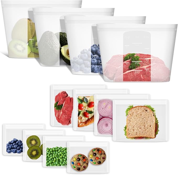 Bundle of 4 Pack 100% Silicone Reusable Food Storage Bags 16oz Translucent + 8 Pack 100% Silicone Reusable Sandwich Bags & Snack Bags