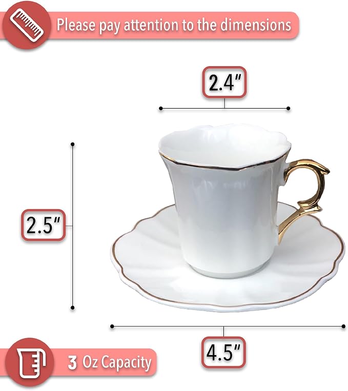 BTaT- Turkish Coffee Cup Set, 3 oz, 6 Set (12 pcs) | Elegant White Cups Saucers Gold Trim Espresso Set Greek Arabic Turkish Coffee Gift Use