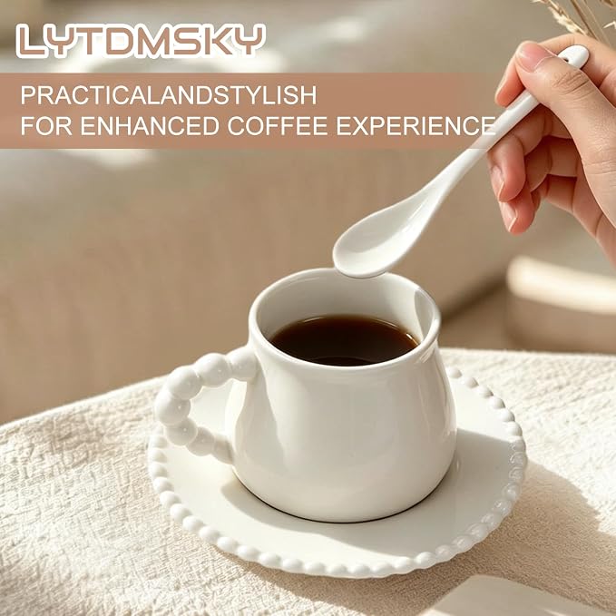 Espresso Cups with Set of 6 Saucers and Spoons, 8 oz Porcelain Coffee Cup Mugs for Latte, Au Lait, Flat White, Mocha, Tea, Elegant Tea Mugs Set, Dishwasher & Microwave Safe