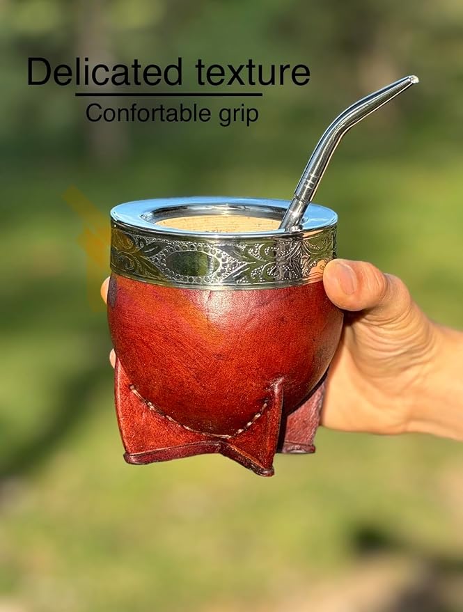 Mate Imperial Argentino, With Straw Tea Gourd Mug One Bombilla Mate (Straw), Wrapped Handmade Leather, Includes Premium Packaging (Brown)