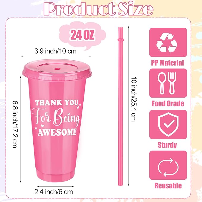 Kochorie 24 Pieces Thank You Cups 24 Oz Inspirational Plastic Tumbler Cup with Lids and Straws Reusable Appreciation Gift Bulk Thank You Gifts for Staff Coworker Teacher Employee, Rainbow