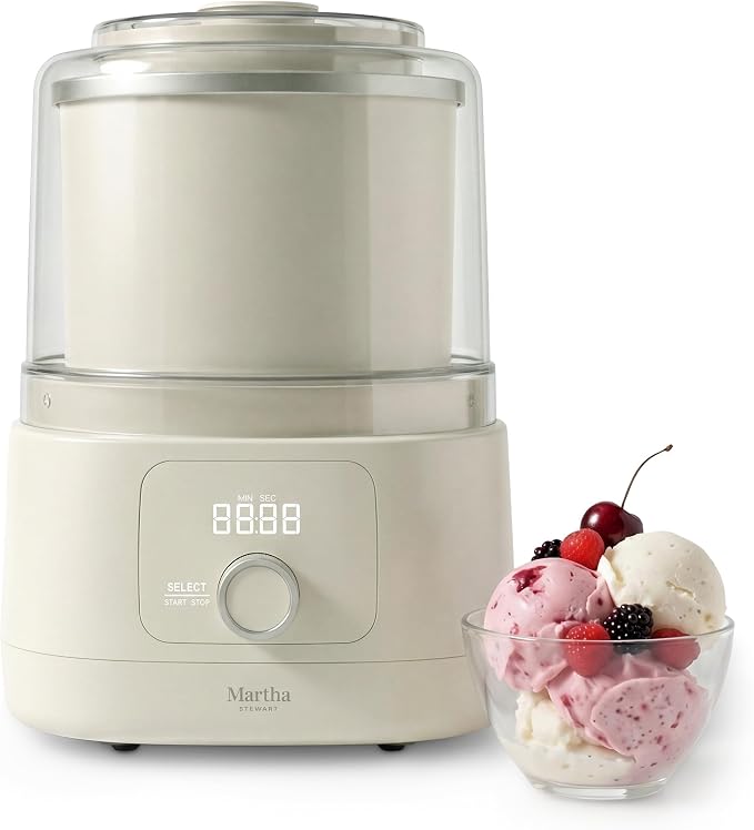 Martha Stewart Ice Cream Maker, 2 Quart Double-Insulated Freezer Bowl, Sorbet & Frozen Yogurt, Ready in 20 Minutes, Mix-Ins Chute, Easy to Clean, Linen Cream