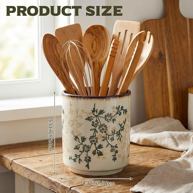 Kitchen Ceramic Utensil Holder Rustic 5.5" Brown Green Floral Utensil Crock for Countertop Tuscany Cooking Tools Storage Caddy for Spatula Spoon Farmhouse Decor Housewarming Gift