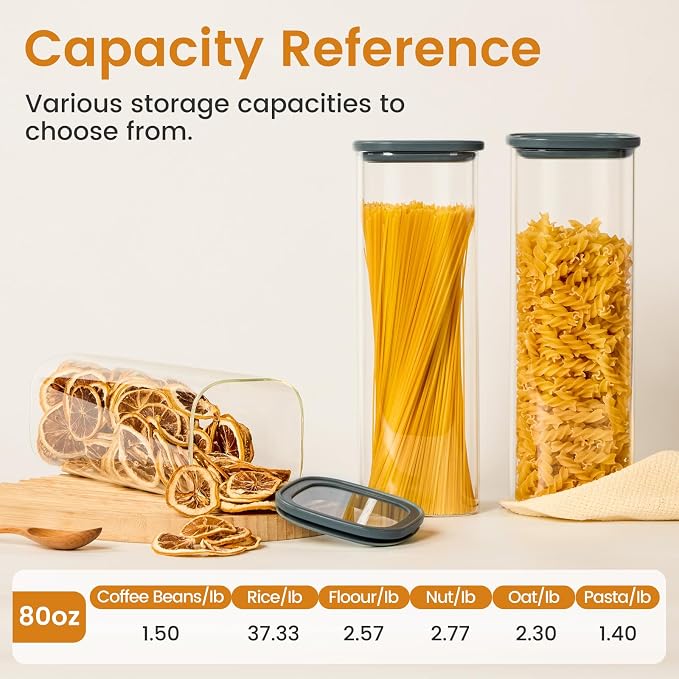 Square Glass Food Storage Jars with Lids 2.5 Qt Set of 3, Perfect for Pasta, Cookies, Nuts, Coffee, Cereal, Flour, Organize Your Kitchen with these BPA-Free Glass Jars with Lids