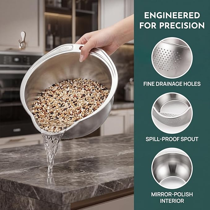 2 Pack Rice Washer Strainer Bowl, Stainless Steel Colander with Side Drainers for Quinoa, Fruit Kitchen Washing Bowl for Cleaning Vegetables, Beans, Pasta