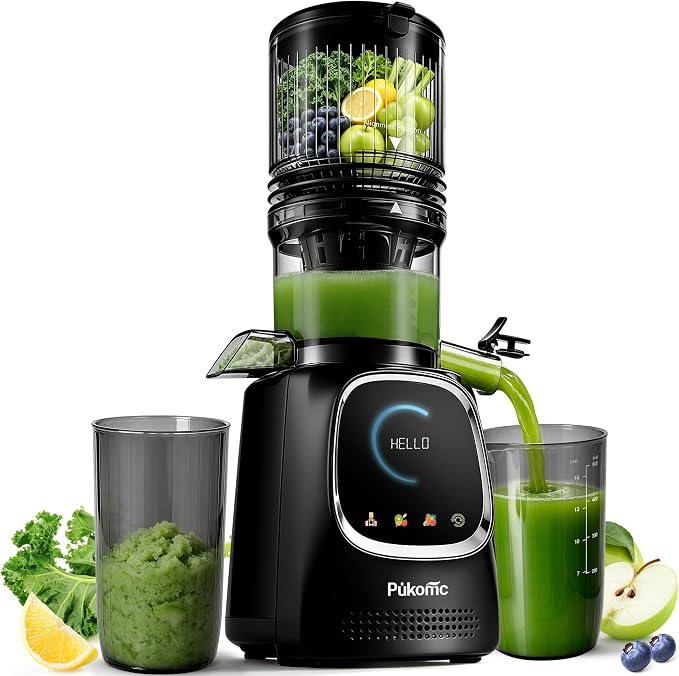 Pukomc Cold Press Juicer with Smart Display and Brushless Motor, 5.3'' Wide Mouth Feed Chute, 300W High Power Slow Masticating Juicer, Whole Vegetables & Fruits Juicing, Easy to Use and Clean