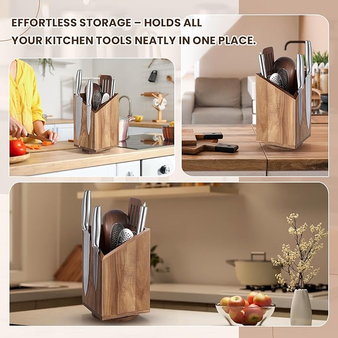 Magnetic Knife Block Without Knife Wood Utensil Holder 360° Rotatable Magnetic Knives Holder Organizer 9.65 x 5.5 Inches Universal Magnet Organizer Large Acacia Wood Kitchen Farmhouse Countertop Cook
