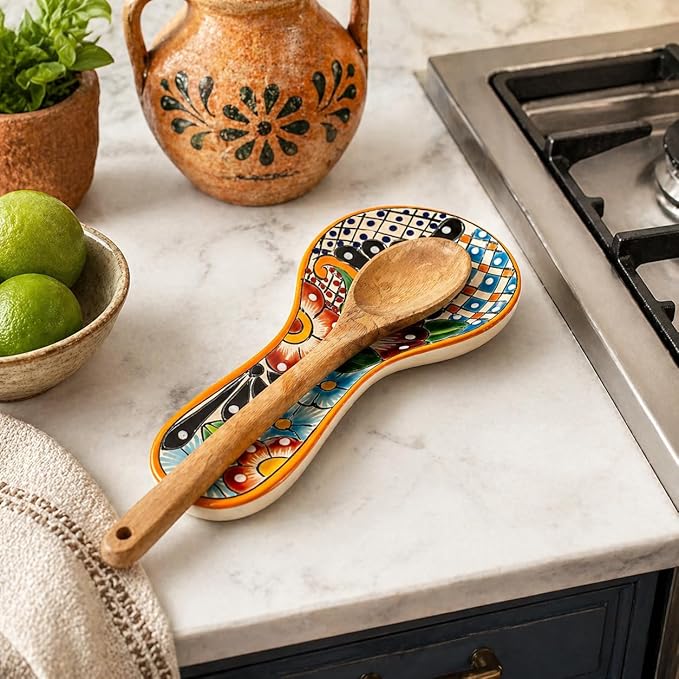 Talavera Spoon Rest – Hand-Painted Ceramic Utensil Rest Handmade in Mexico, 10" Large for Stove Top and Counter, Dishwasher Safe Lead Free, Gift Ready Cuchara Multicolor