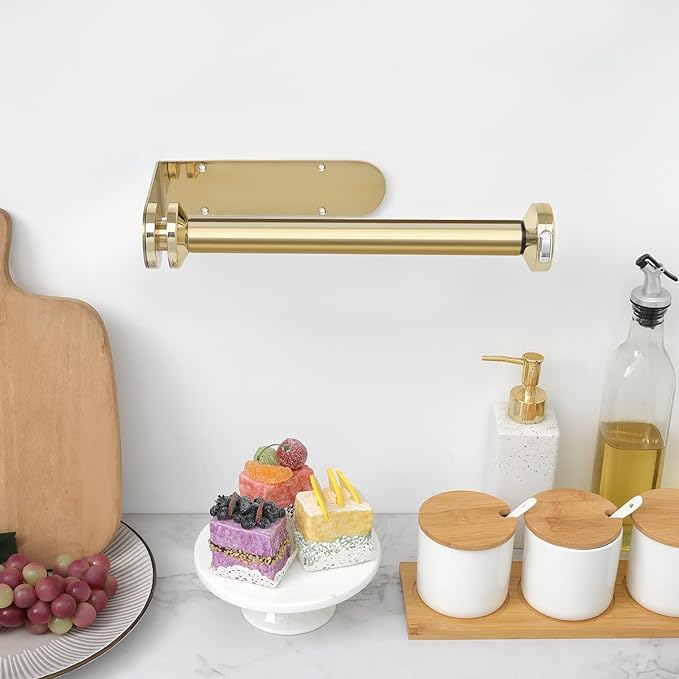 theaoo Paper Towel Holder Under Cabinet, One-Handed Tear Wall Mount Paper Towel Holder Dispenser with Damping Function for Kitchen Organization, Stainless Steel, Self-Adhesive or Drill mounting, Gold