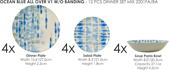 Tudor Royal 12-Piece Round Porcelain Dinnerware Set, Service for 4 - Ocean Blue Design, Plates Bowls Dishes, Premium Quality Tableware, Unique Pattern, Glossy