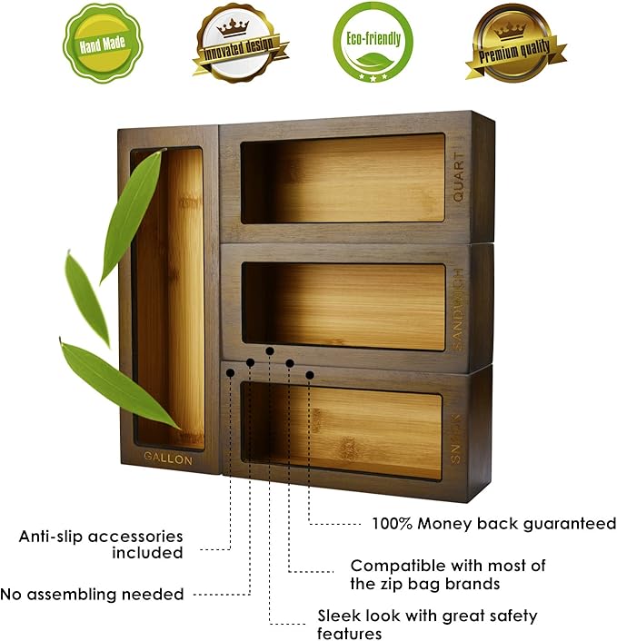 Cozee Bay Bamboo Food Bag Organizer for Kitchen Drawer, Baggie organizer, Compatible with Gallon, Quart, Sandwich and Snack Variety Size Bags (4 Piece Set) (Vintage Brown)