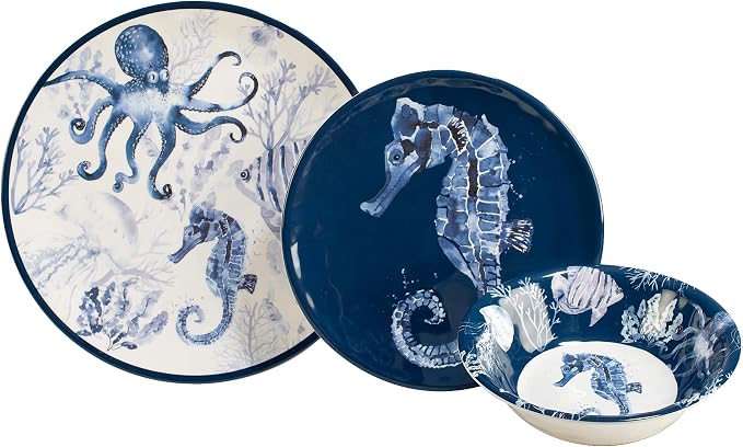 Sea Life Melamine 12 Piece Dinnerware Set – Service for 4 Coastal Themed Plates and Bowls with Ocean Art, Reusable Nautical Dinnerware for Indoor/Outdoor Dining, Dishwasher Safe, Break-Resistant