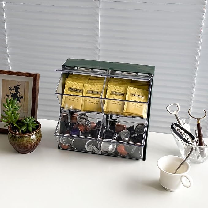 Large Coffee Pod Holder with Lid, Green | Plastic, Coffee Bar Accessories Storage Organizer, For Creamer, K Cups, Tea Bags, Sugar Bag, Drinking Straw