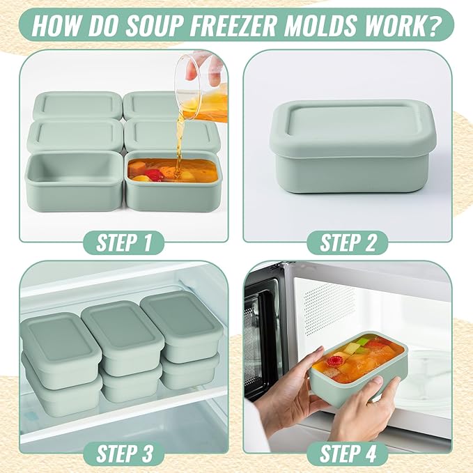 Teenyyou 6 Packs 2 Cup Silicone Soup Freezer Molds with Lid Silicone Soup Freezer Trays Rectangle Reusable Food Preserving Tray Freezing Sauces Stews (Sage Green)
