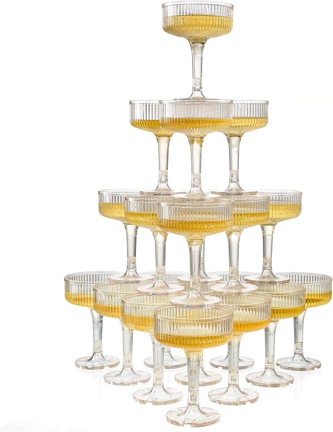 Goodluck 4-Tier Champagne Glasses - 20 PCS 7oz Glitter Gold Plastic Champagne Flutes,Plastic Coupe Glasses with Vertical Stripes for Weddings, Celebrations, Parties & Birthdays