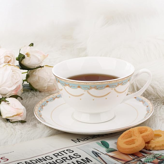 fanquare Blue Lace Teacup and Saucers Set with Gold Trim, Bone China British Coffee Cups and Saucers for Afternoon Tea Coffee Party Gifts