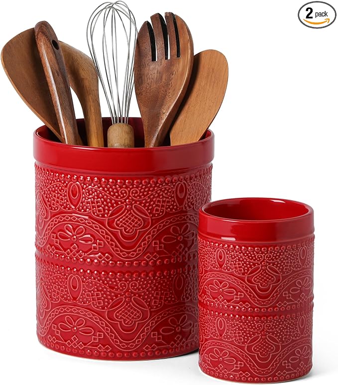 FUN ELEMENTS Kitchen Utensil Holder, 7.2+5.5" Super Large Utensil Crock Heavy and Stable Lace Emboss Ceramic Utensil Holder for Kitchen Counter (2Pcs Christmas Red)
