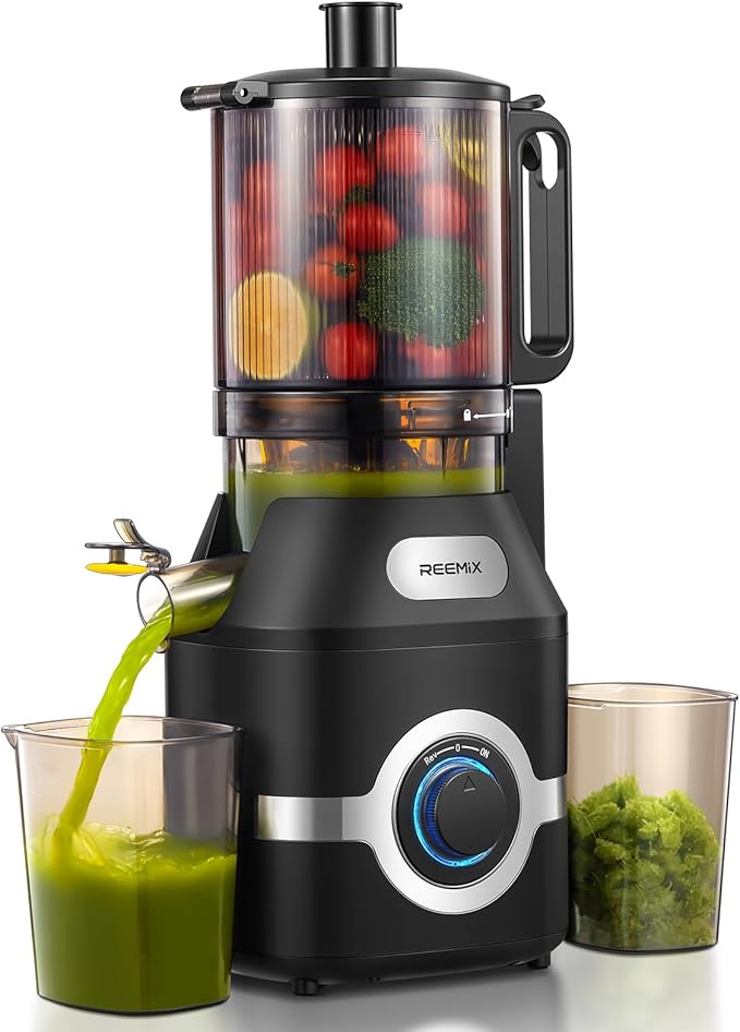 Reemix Juicer Machine with Large Feed Chute, Slow Masticating juicer with Dual Safety Locks - Easy to Clean, Detachable Parts, Fruit & Veggie Juicer for Home