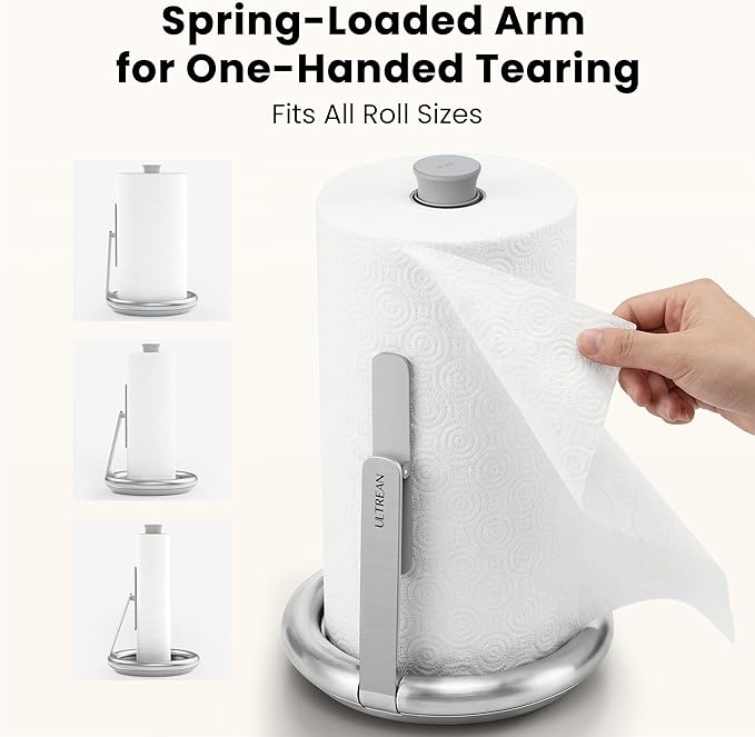 Ultrean Paper Towel Holder with Spray Bottle, Countertop Freestanding Paper Towel Dispenser with Spring-Loaded Tension Arm for One-Handed Tear, Weighted Non-Slip Base, Stainless Steel for Kitchen