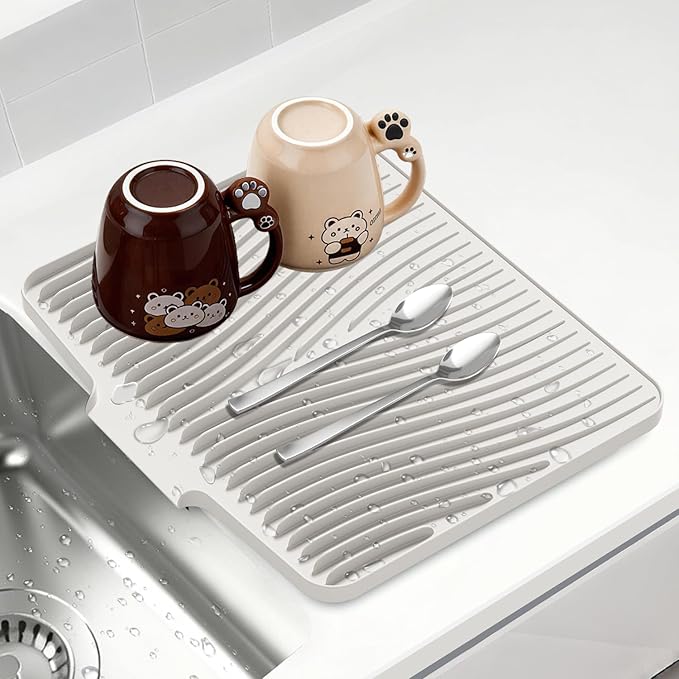 Silicone Dish Drying Mat for Kitchen Counter, Dish Drying Pad, Non-Slip Drain Pad with Built-in Drain, Heat Resistant Stone Drying Mat