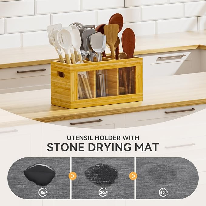 Yofidra Bamboo Utensil Holder & Silverware Organizer: Extra Large Cooking Holder with Absorbing Drying Stone and 6 Compartments Kitchen Countertop Storage Farmhouse Decor Accessories 11.8"X4.7"X5.9"