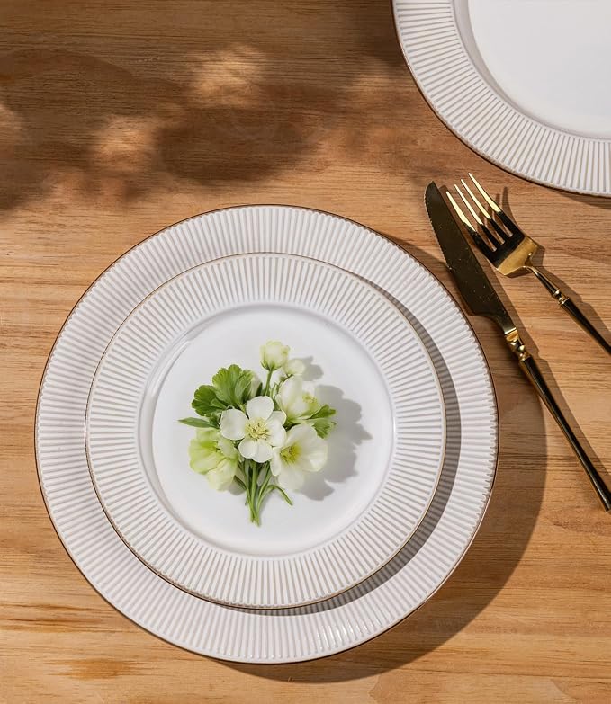 GBHOME Ceramic Dinnerware Sets, 32 pcs Embossed Elegant Stoneware Plates and Bowls Sets, Housewarming Wedding Gift | Dishwasher & Microwave Safe | Dishes Set Service for 8