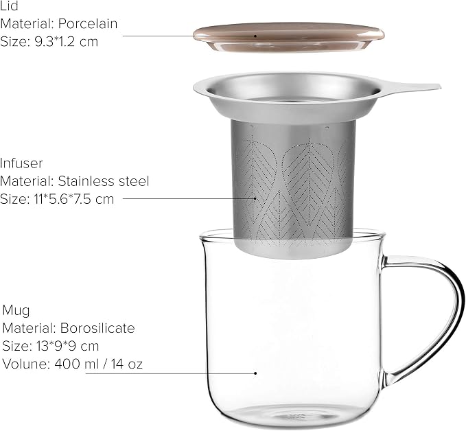 VIVA Minima Eva Glass Tea Cup with Mesh Infuser - Coffee Mug With Porcelain Lid/Saucer - 14 oz / 400 ml, Brown