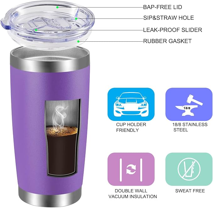 VEGOND 20oz Tumbler with Lid and Straw Stainless Steel Tumbler Cup Bulk Vacuum Insulated Double Wall Travel Coffee Mug Powder Coated Coffee Cup, Purple, 6 Pack