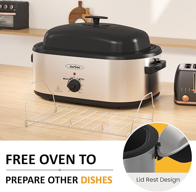 Sunvivi Electric Roaster Oven, Roaster with Removable 3-bin Buffet Server, 20 QT Turkey Roaster Oven with 150-450°F Full-Range Temperature Control, Removable Pan & Rack, Stainless Steel
