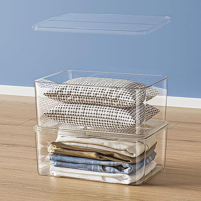 4 Large Lidded Plastic container, Clear Stackable Storage Boxes for Cabinets, Organization and Storage for Shelves Office Bathroom