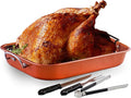 OVENTE Stainless Steel Roasting Pan with V-Shape Rack and Carving Set, 15x11.75 Inch Nonstick Roaster Tray, Oven & Dishwasher Safe Bakeware Dish for Turkey, Roasted Chicken or Beef, Copper CWR24619CO