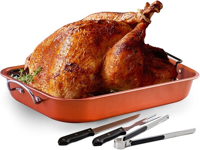 OVENTE Stainless Steel Roasting Pan with V-Shape Rack and Carving Set, 15x11.75 Inch Nonstick Roaster Tray, Oven & Dishwasher Safe Bakeware Dish for Turkey, Roasted Chicken or Beef, Copper CWR24619CO