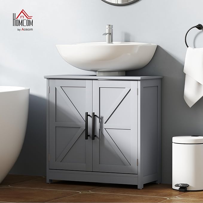 HOMCOM Pedestal Sink Storage Cabinet, Farmhouse Freestanding Bathroom Sink Cabinet with 2 Barn Doors and Adjustable Shelf, Dark Gray
